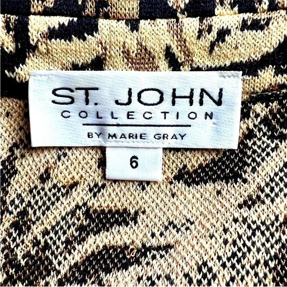 St. JOHN COLLECTION  tan & Black Leaf print Zip Front Cardigan Size 6